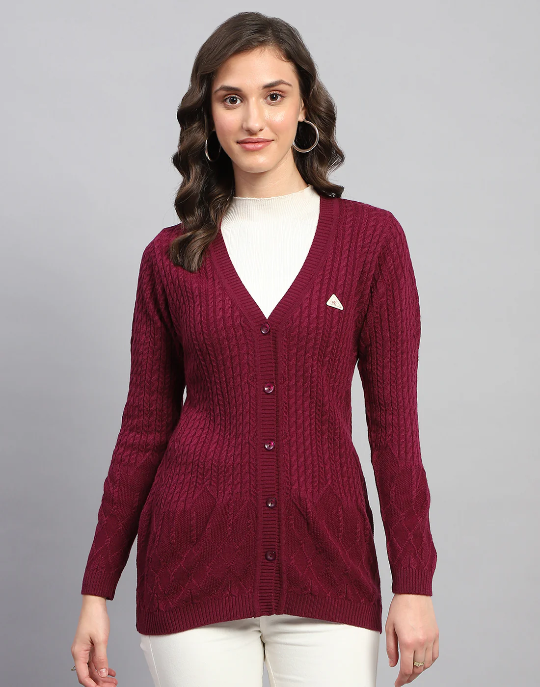 Women Pink Self Design V Neck Full Sleeve Cardigan - Image 2