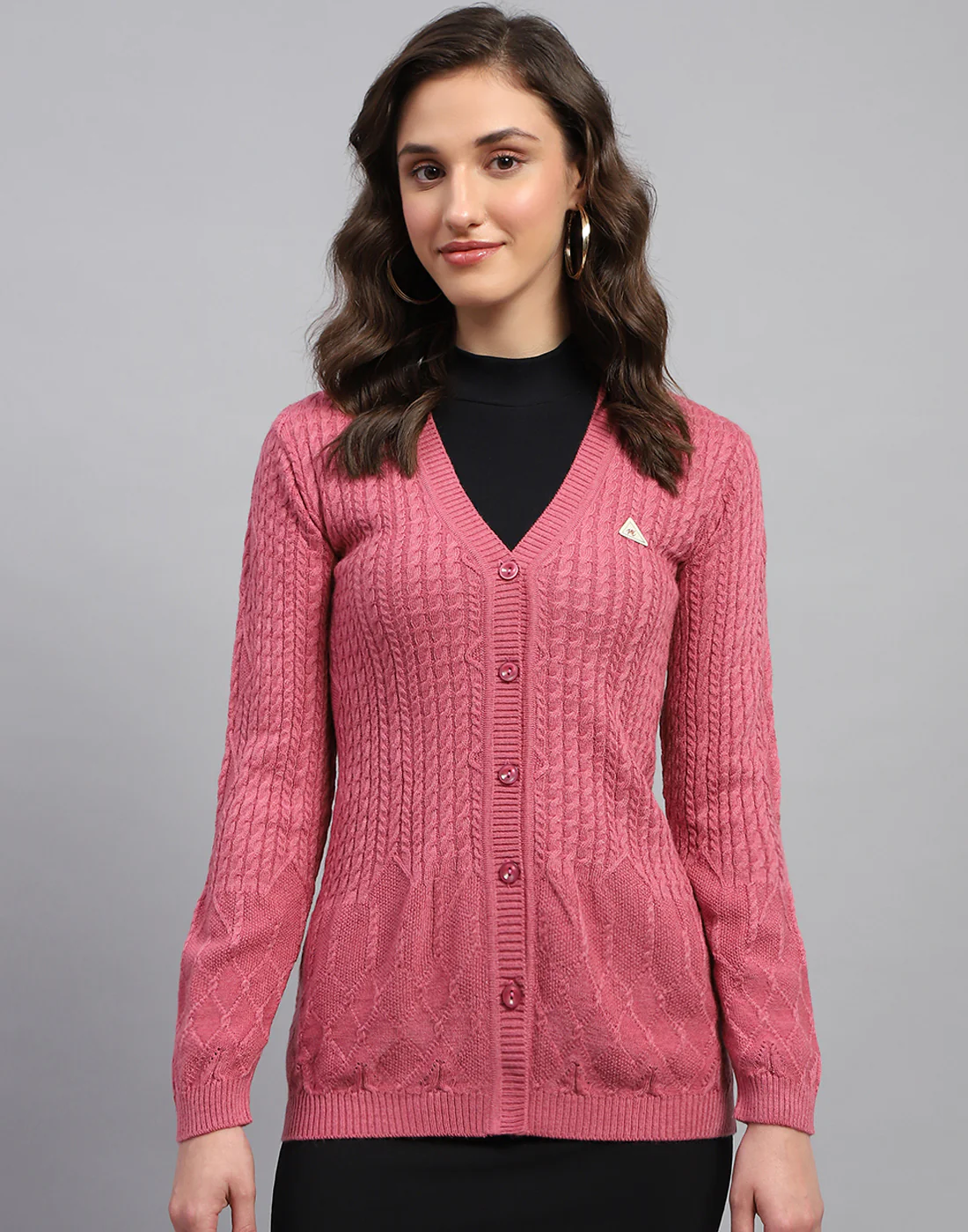 Women Pink Self Design V Neck Full Sleeve Cardigan - Image 2