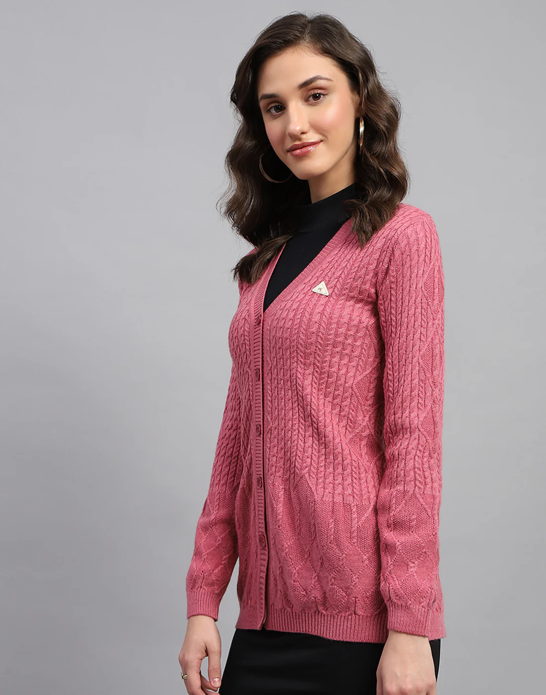 Women Pink Self Design V Neck Full Sleeve Cardigan - Image 3