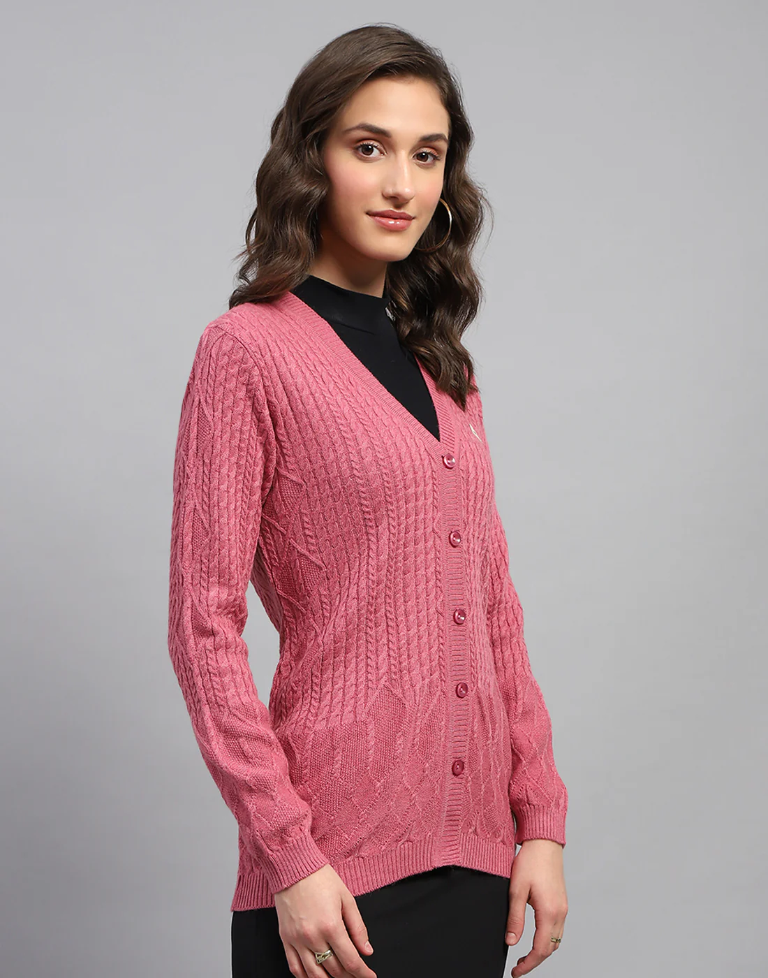 Women Pink Self Design V Neck Full Sleeve Cardigan - Image 4