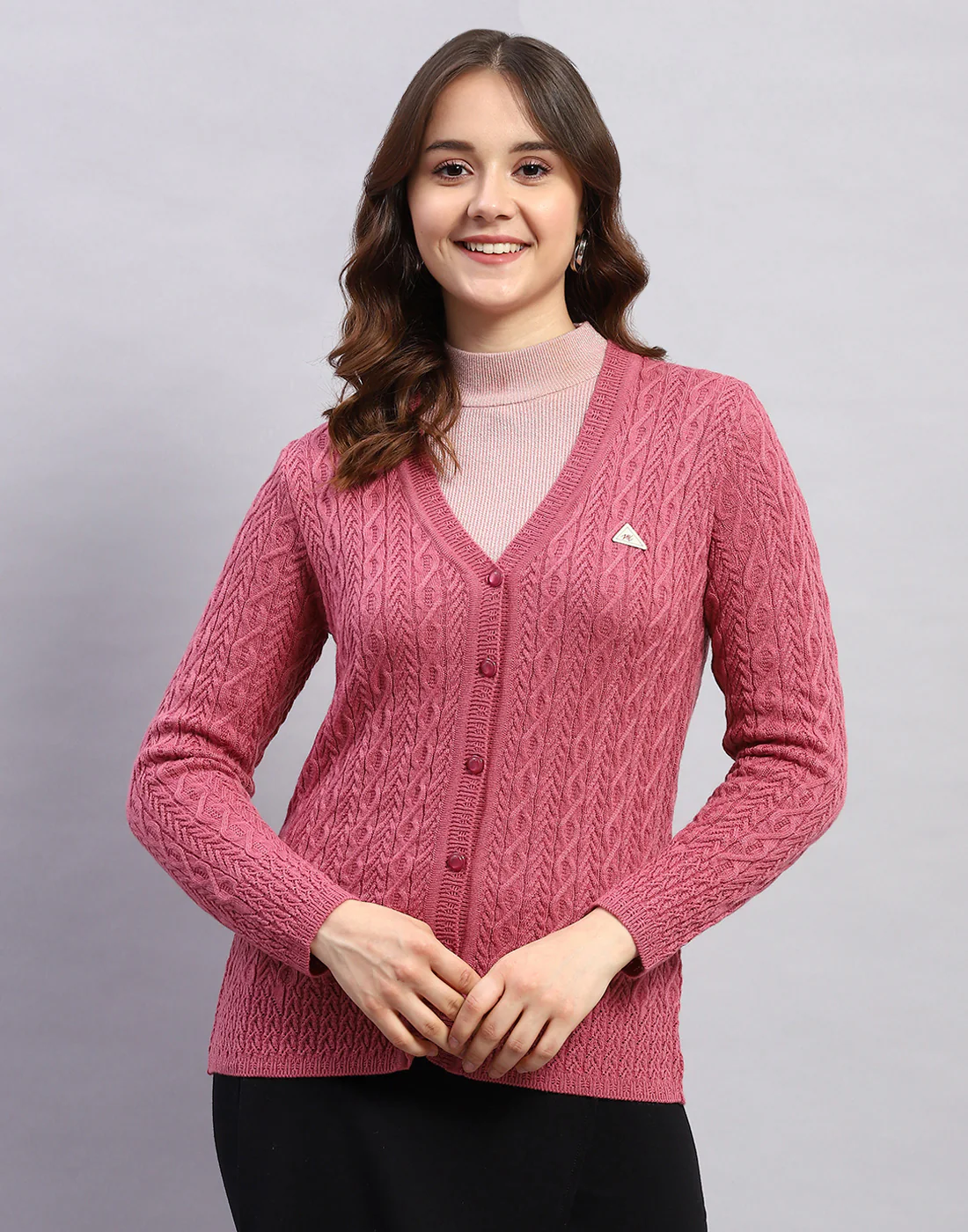 Women Pink Self Design V Neck Full Sleeve Cardigan - Image 2