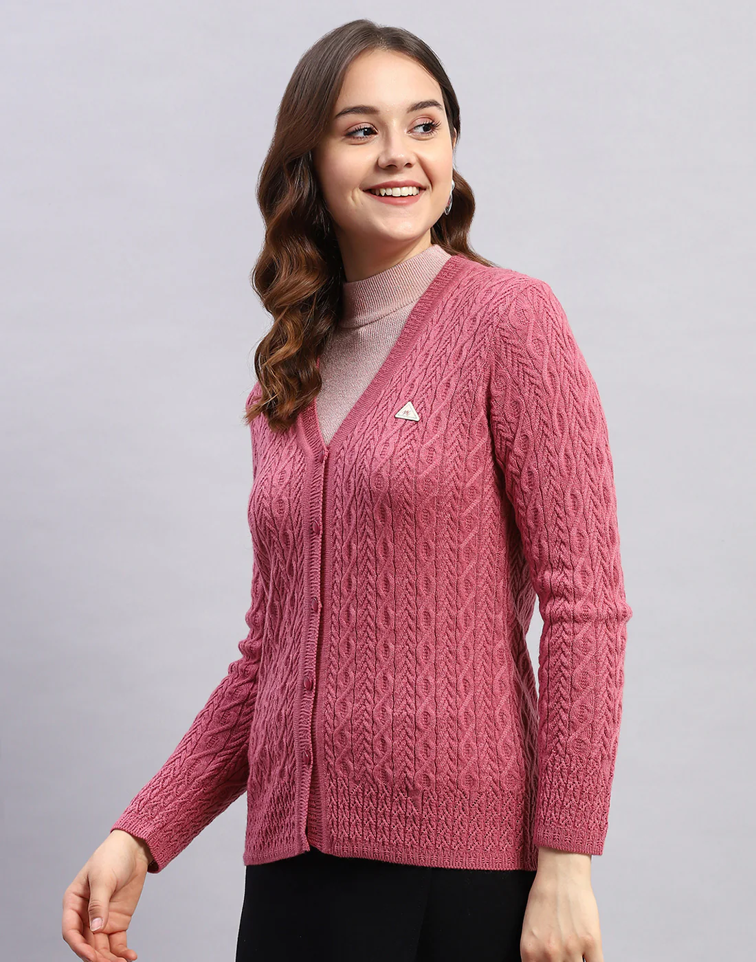 Women Pink Self Design V Neck Full Sleeve Cardigan - Image 3