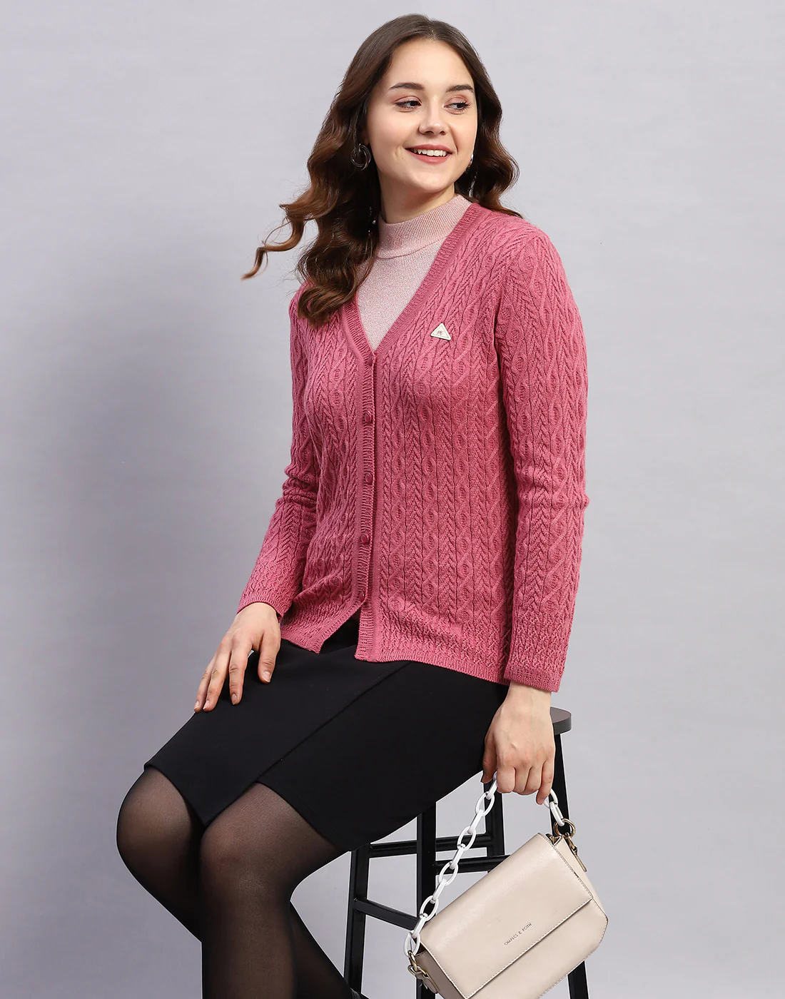 Women Pink Self Design V Neck Full Sleeve Cardigan - Image 6