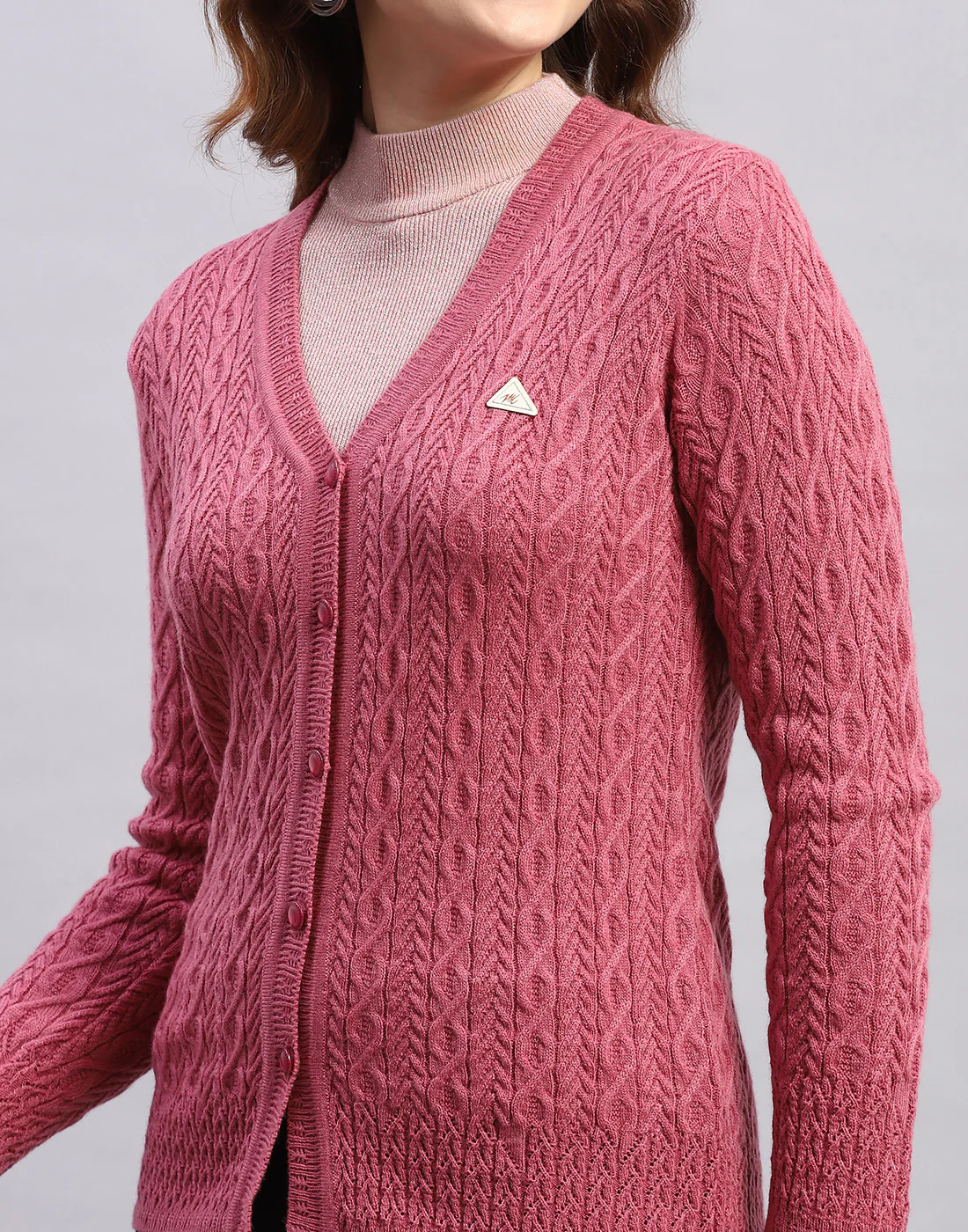 Women Pink Self Design V Neck Full Sleeve Cardigan - Image 7