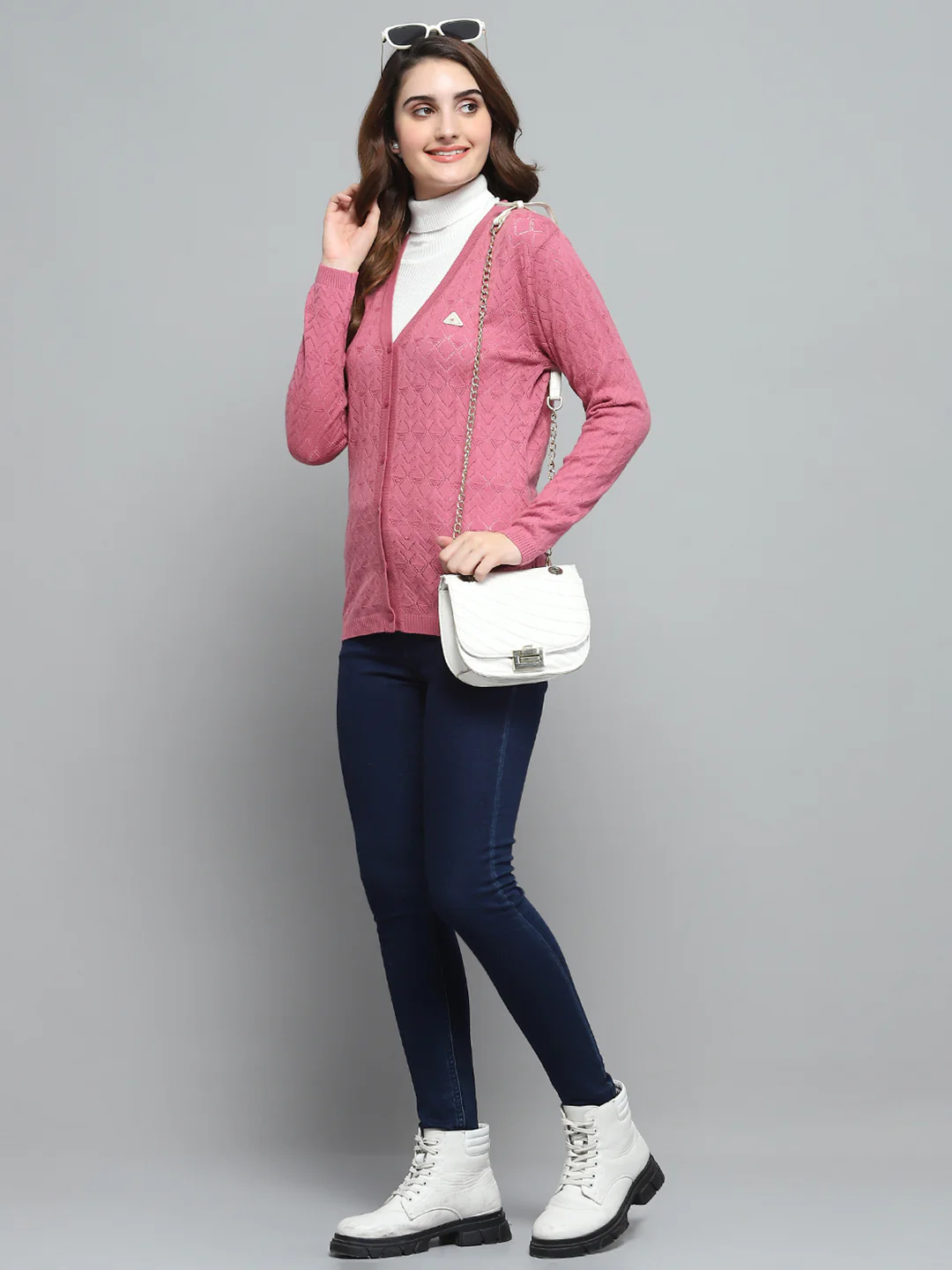 Women Pink Self Design V Neck Full Sleeve Cardigan - Image 2