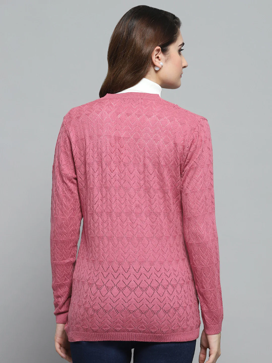 Women Pink Self Design V Neck Full Sleeve Cardigan - Image 5