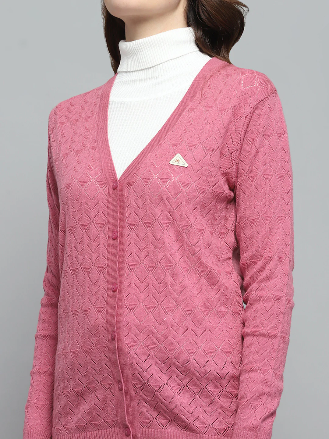 Women Pink Self Design V Neck Full Sleeve Cardigan - Image 6