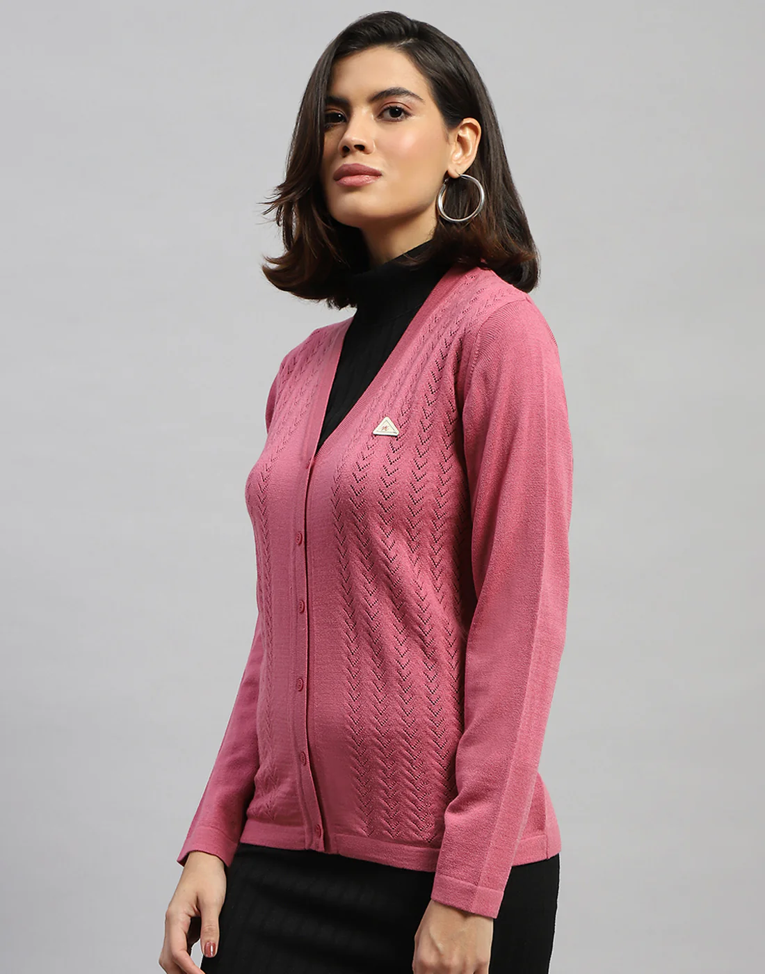 Women Pink Self Design V Neck Full Sleeve Cardigan - Image 3