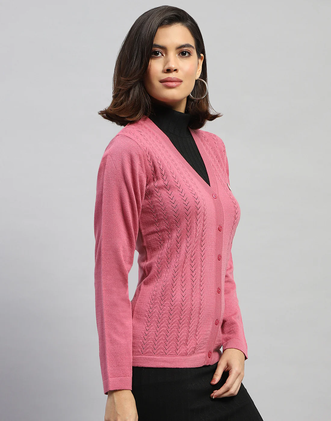 Women Pink Self Design V Neck Full Sleeve Cardigan - Image 4