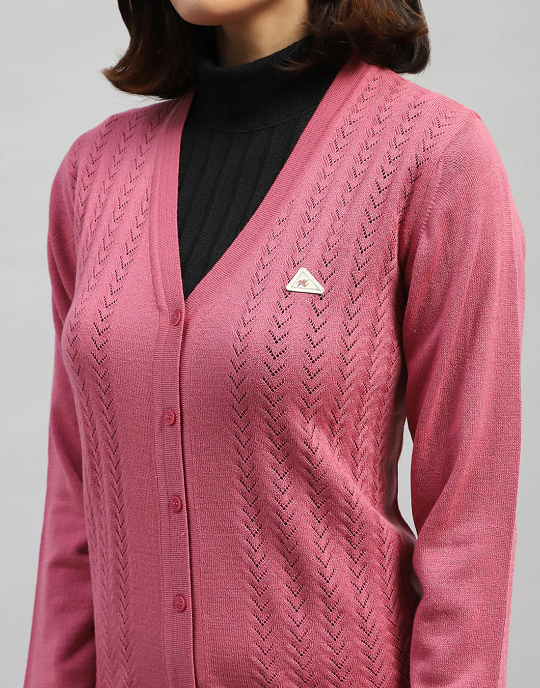 Women Pink Self Design V Neck Full Sleeve Cardigan - Image 6