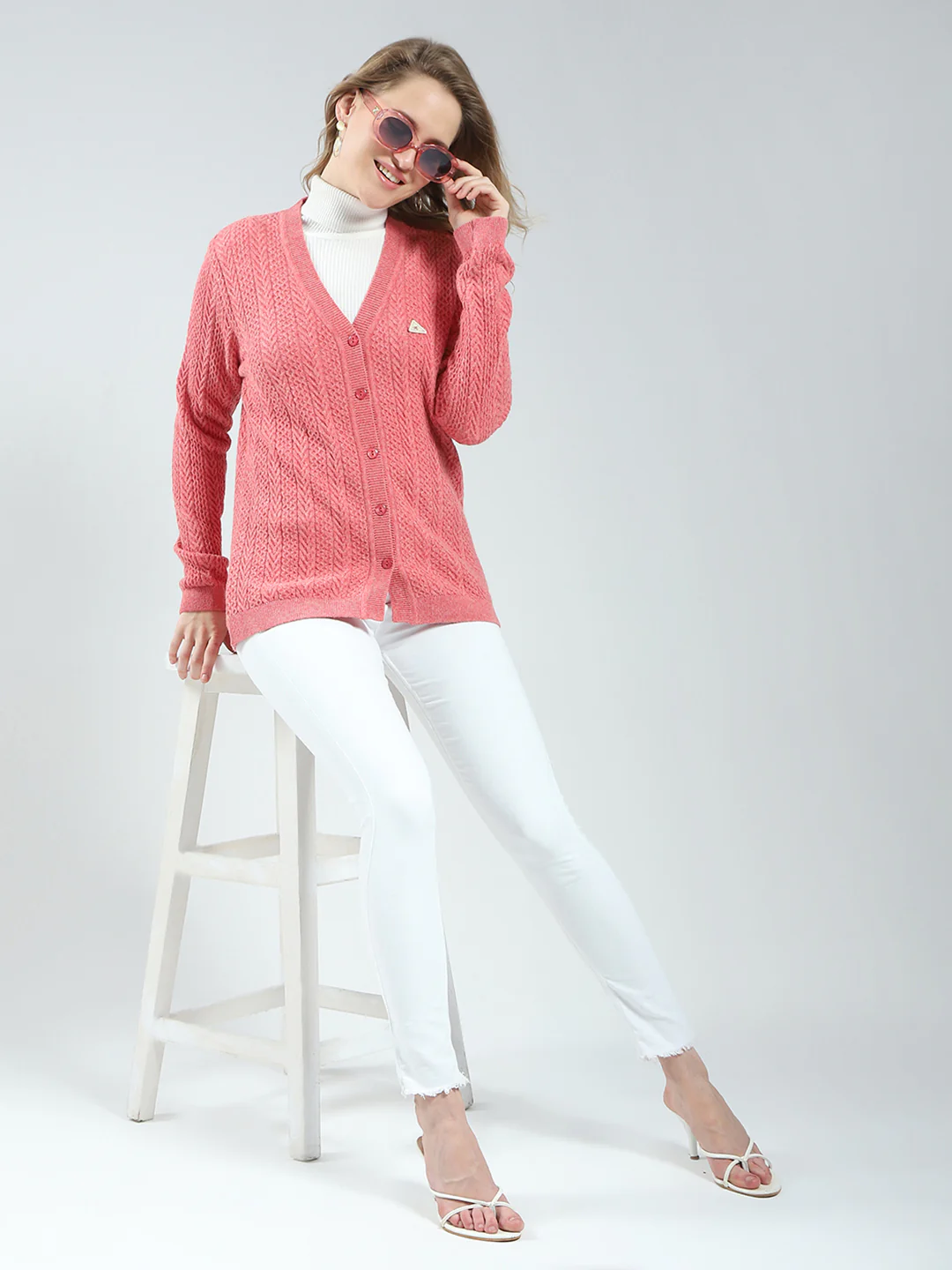 Women Pink Self Design V Neck Full Sleeve Cardigan - Image 2