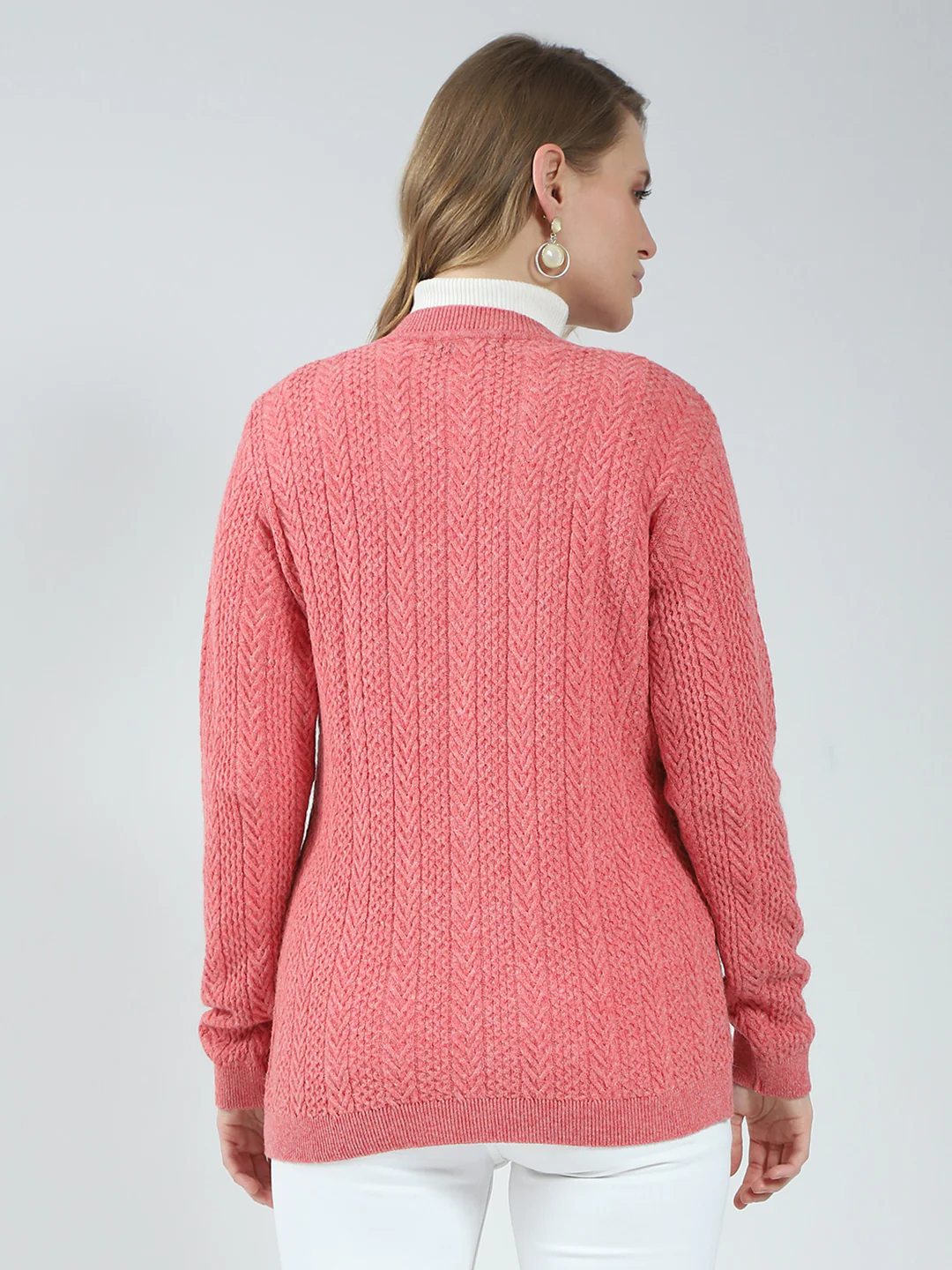 Women Pink Self Design V Neck Full Sleeve Cardigan - Image 5
