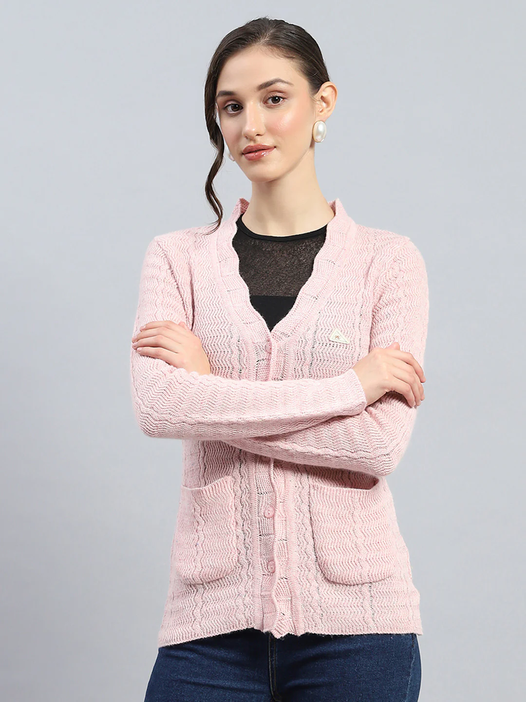 Women Pink Self Design V Neck Full Sleeve Cardigan
