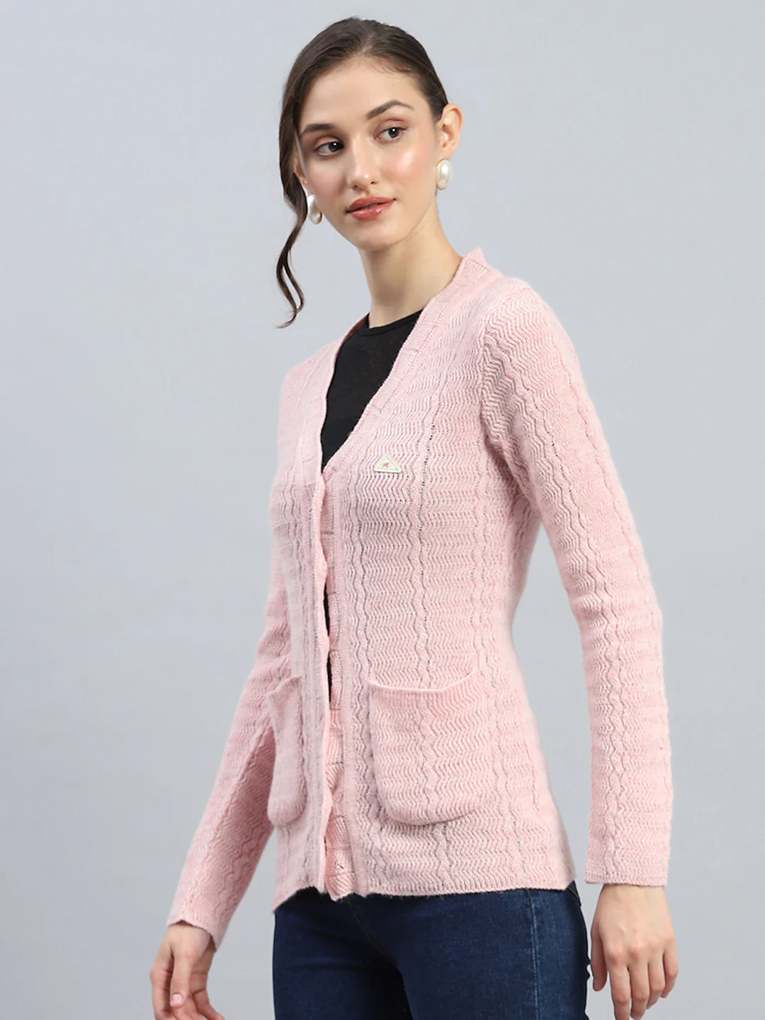 Women Pink Self Design V Neck Full Sleeve Cardigan - Image 3