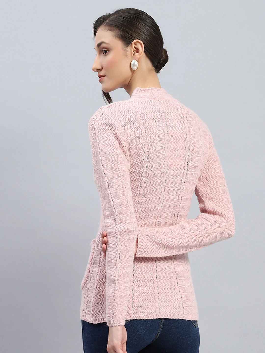 Women Pink Self Design V Neck Full Sleeve Cardigan - Image 5
