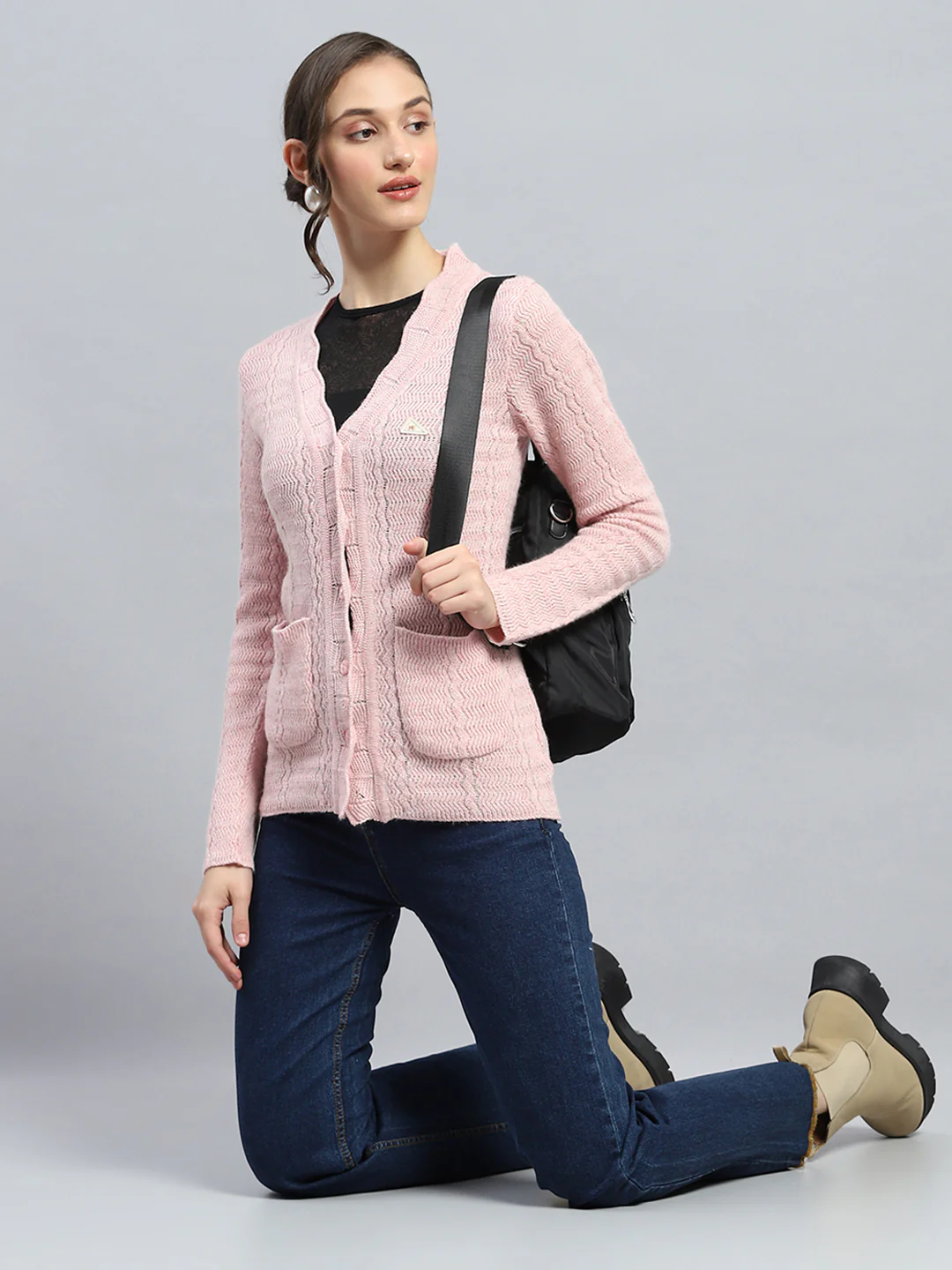 Women Pink Self Design V Neck Full Sleeve Cardigan - Image 6