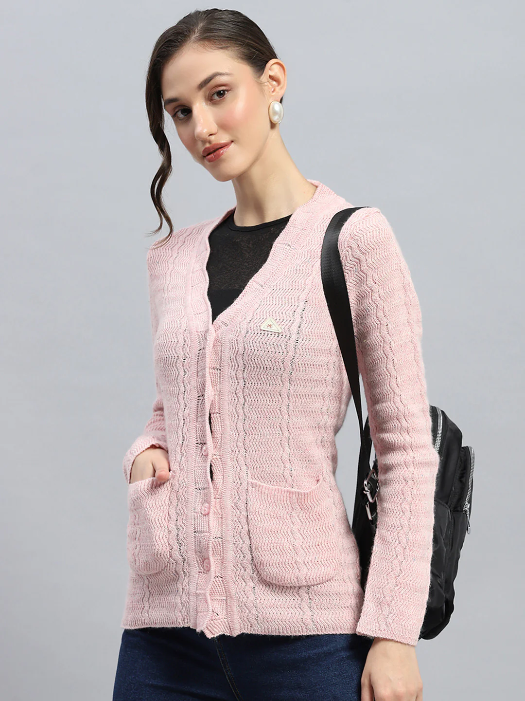 Women Pink Self Design V Neck Full Sleeve Cardigan - Image 7