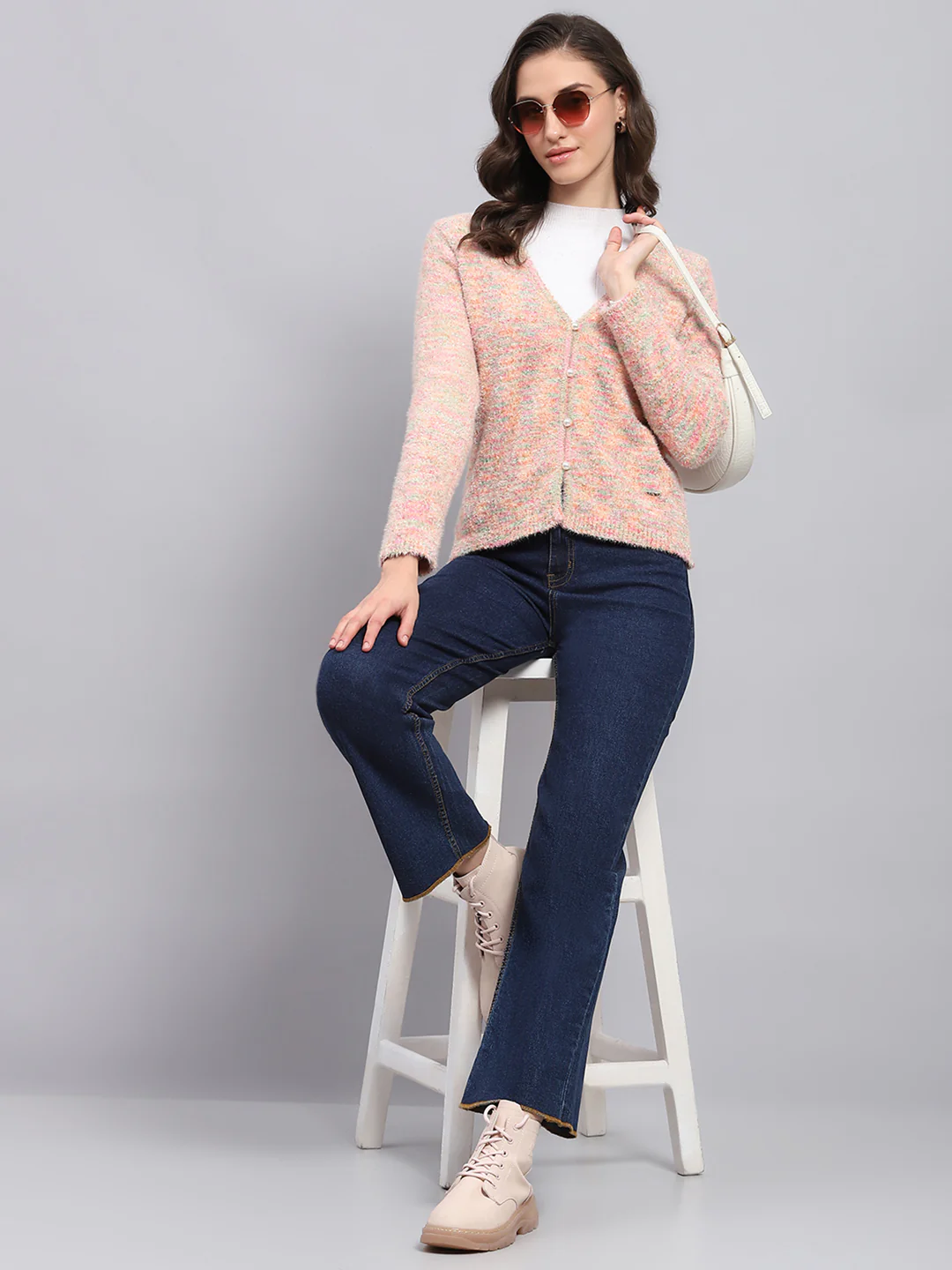Women Pink Self Design V Neck Full Sleeve Cardigan - Image 2