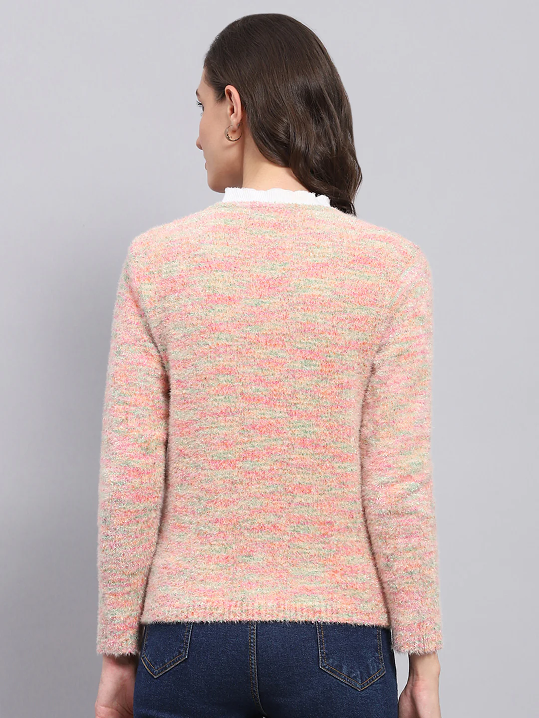 Women Pink Self Design V Neck Full Sleeve Cardigan - Image 5