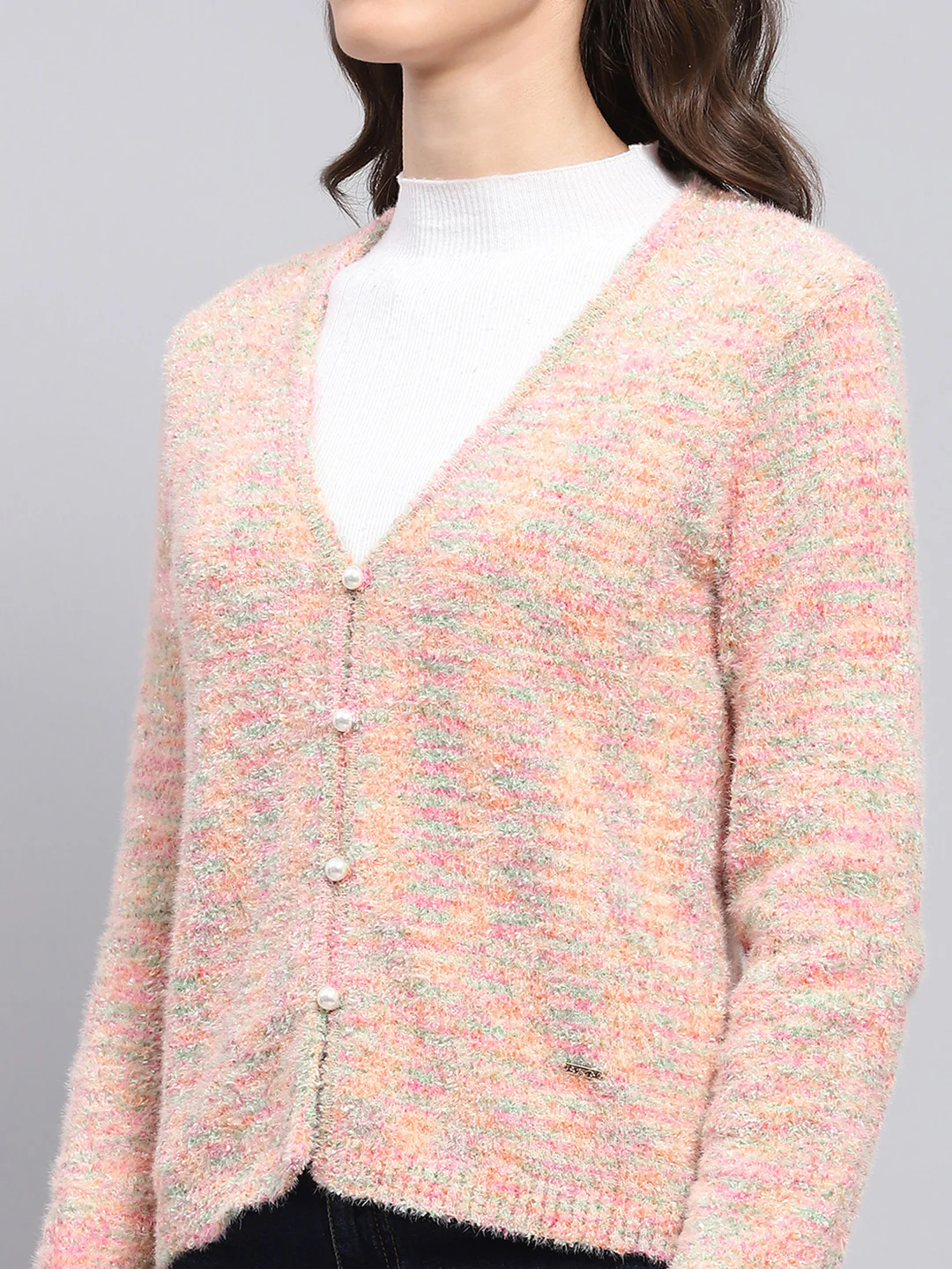 Women Pink Self Design V Neck Full Sleeve Cardigan - Image 6