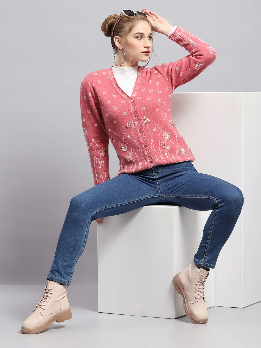 Women Pink Self Design V Neck Full Sleeve Cardigan - Image 2