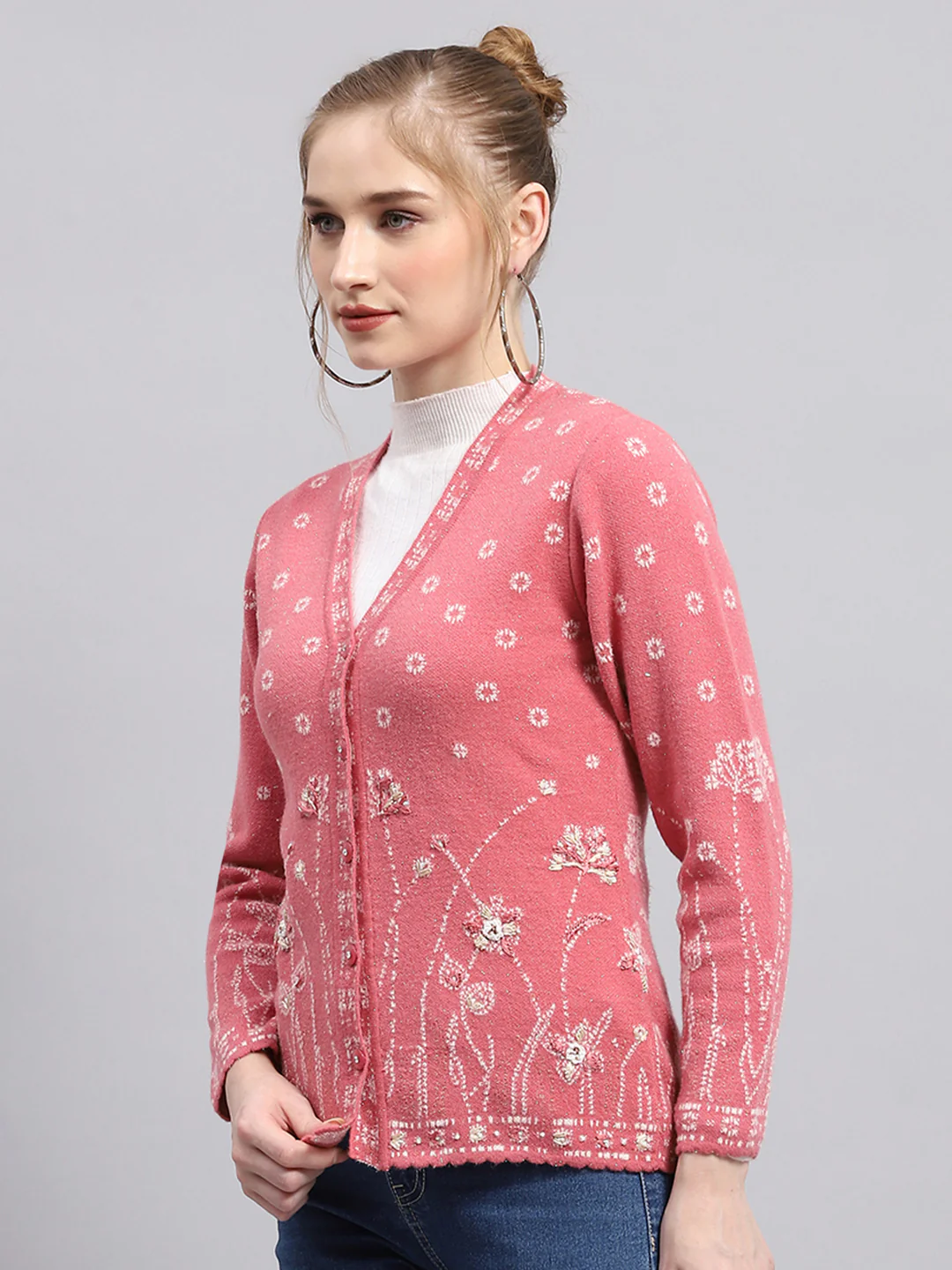 Women Pink Self Design V Neck Full Sleeve Cardigan - Image 3