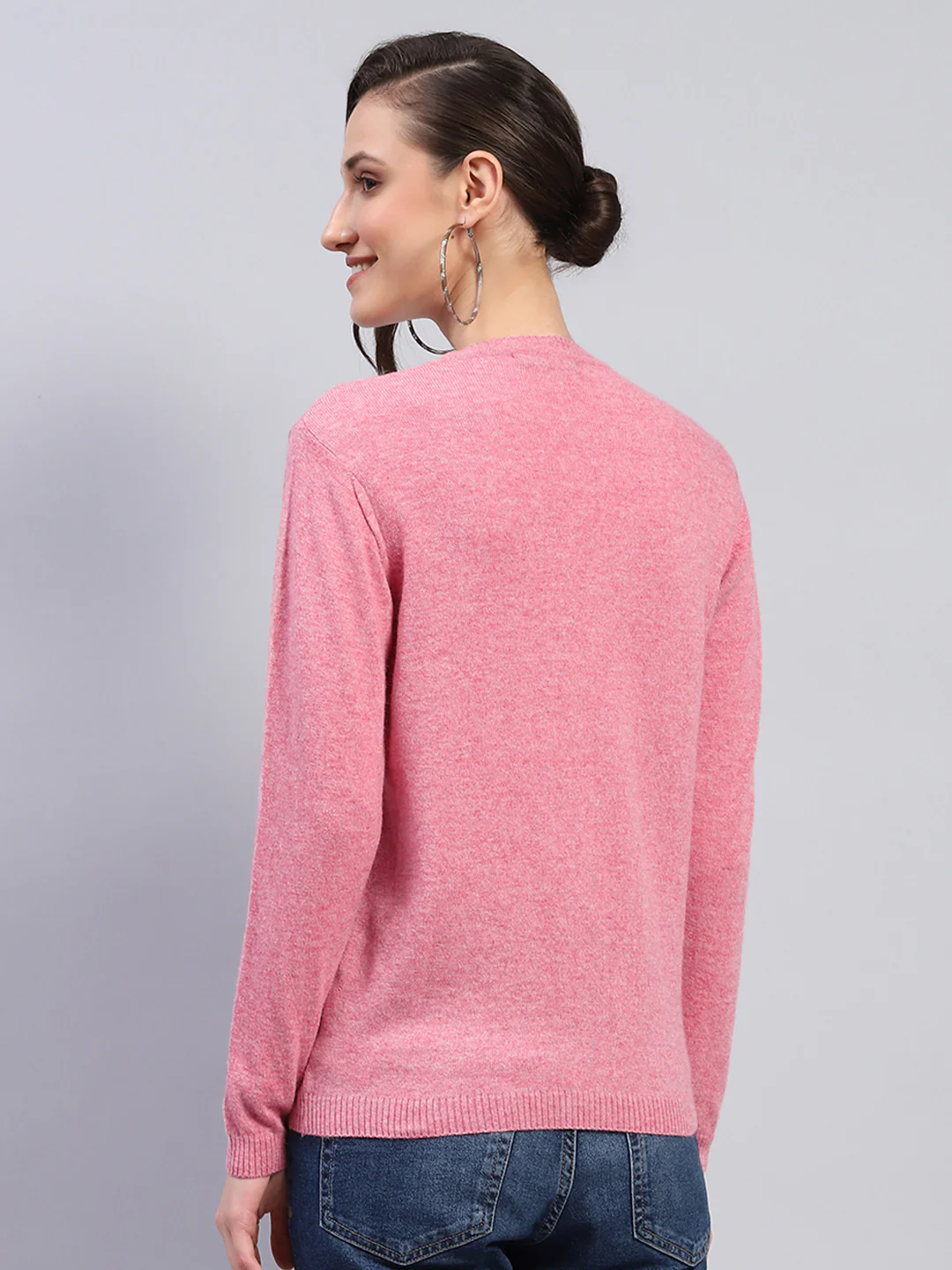Women Pink Self Design V Neck Full Sleeve Cardigan - Image 5
