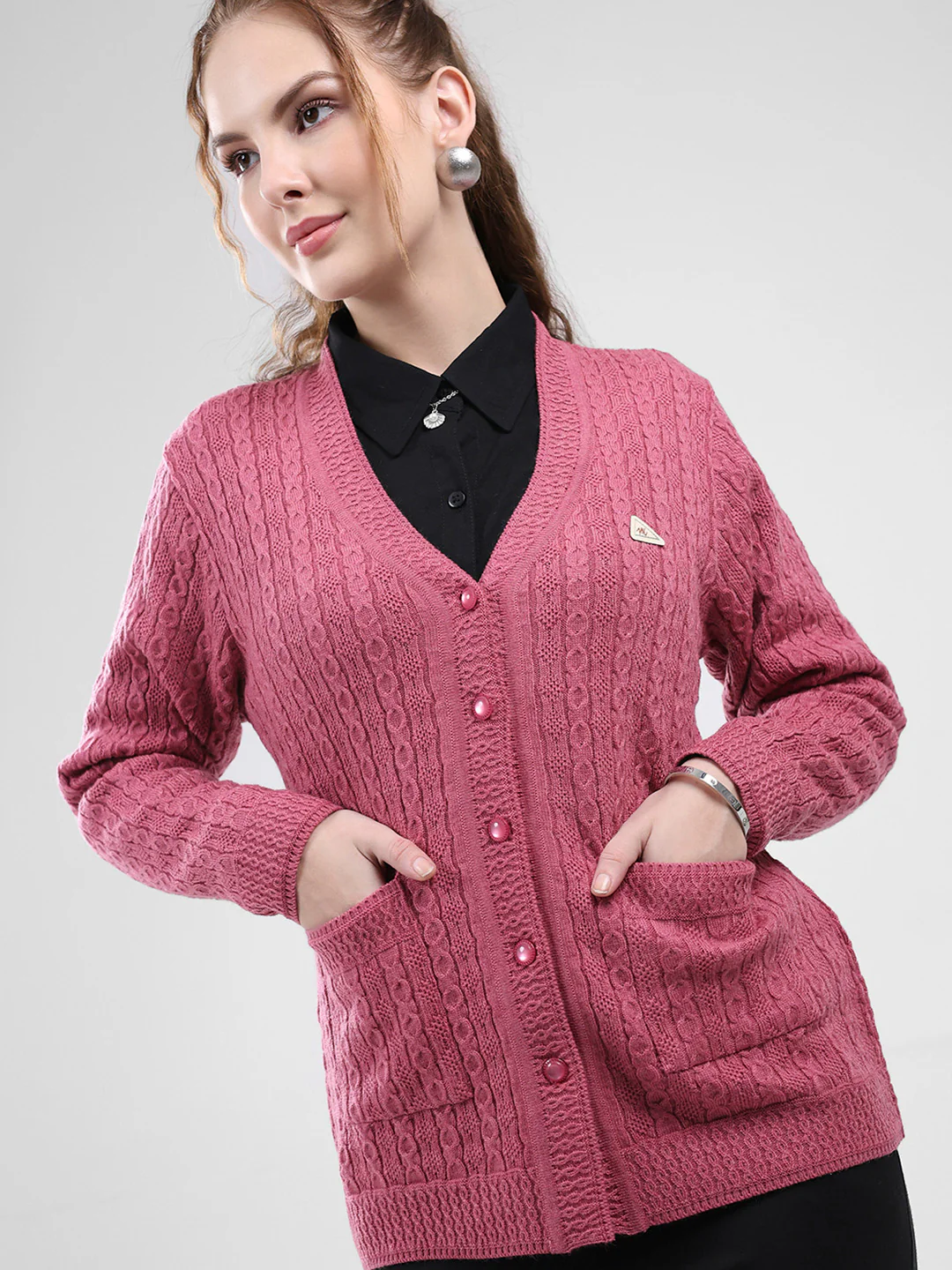 Women Pink Self Design V Neck Full Sleeve Cardigan - Image 6