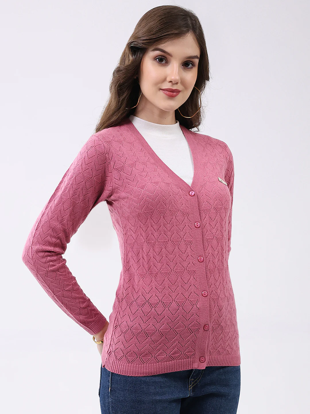 Women Pink Self Design V Neck Full Sleeve Cardigan - Image 4