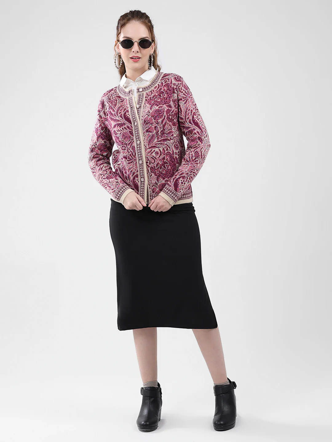 Women Pink Self Design Round Neck Full Sleeve Cardigan - Image 2