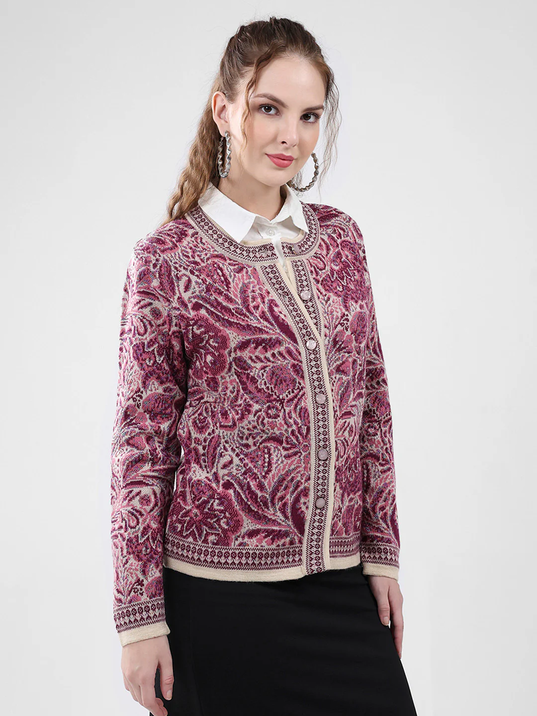 Women Pink Self Design Round Neck Full Sleeve Cardigan - Image 4