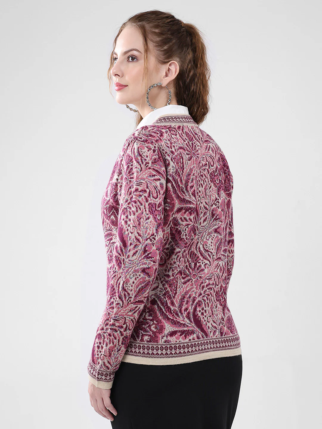 Women Pink Self Design Round Neck Full Sleeve Cardigan - Image 5