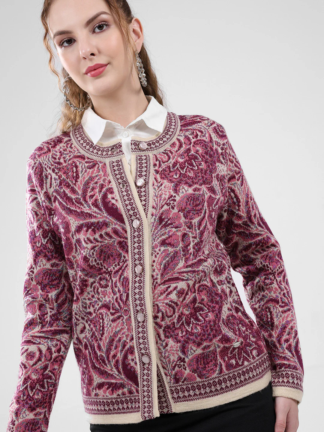 Women Pink Self Design Round Neck Full Sleeve Cardigan - Image 6