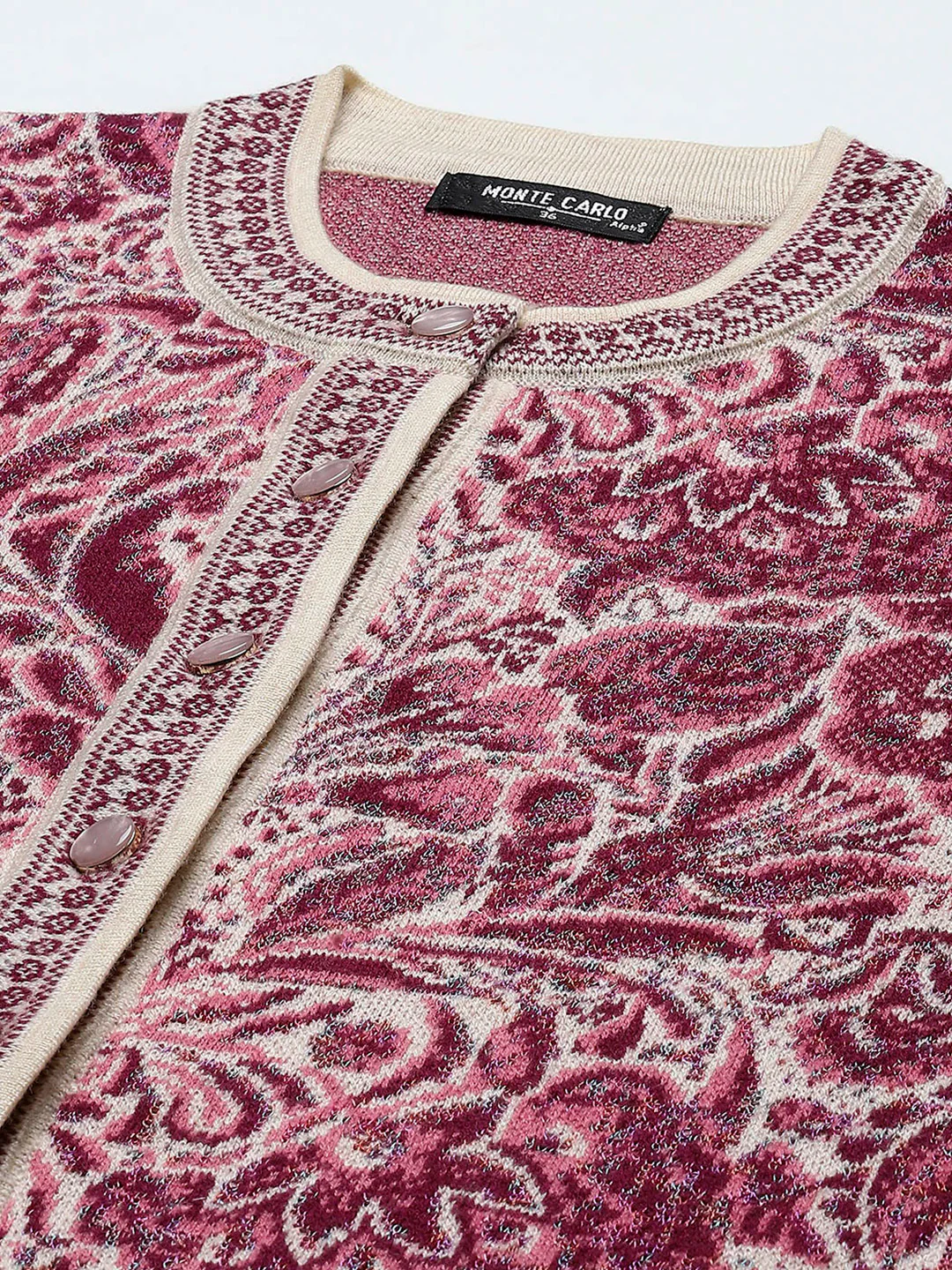 Women Pink Self Design Round Neck Full Sleeve Cardigan - Image 7