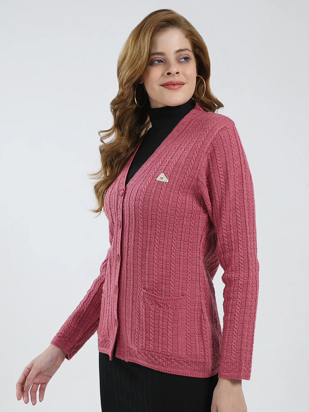 Women Pink Self Design V Neck Full Sleeve Cardigan - Image 3