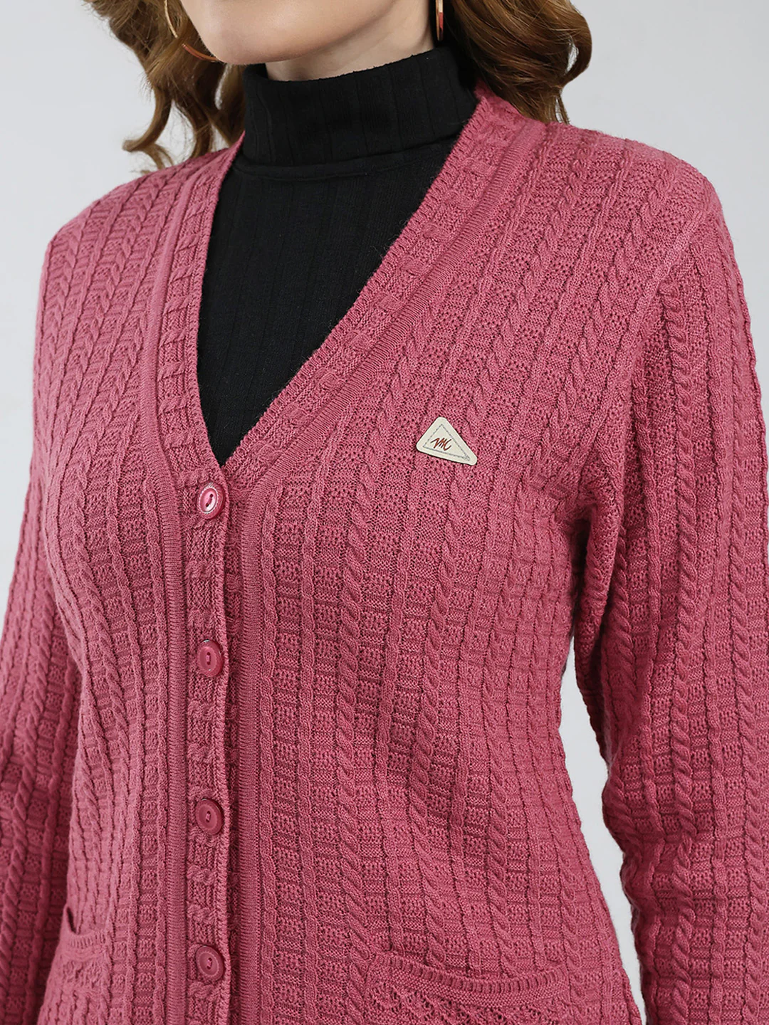 Women Pink Self Design V Neck Full Sleeve Cardigan - Image 7