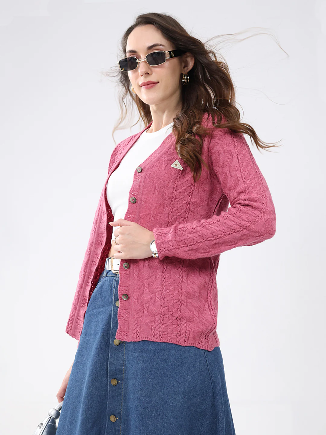 Women Pink Self Design V Neck Full Sleeve Cardigan - Image 6