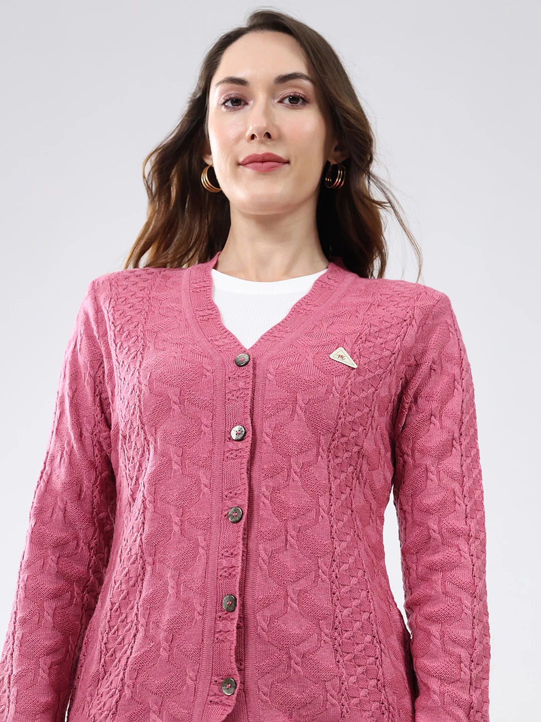 Women Pink Self Design V Neck Full Sleeve Cardigan - Image 7