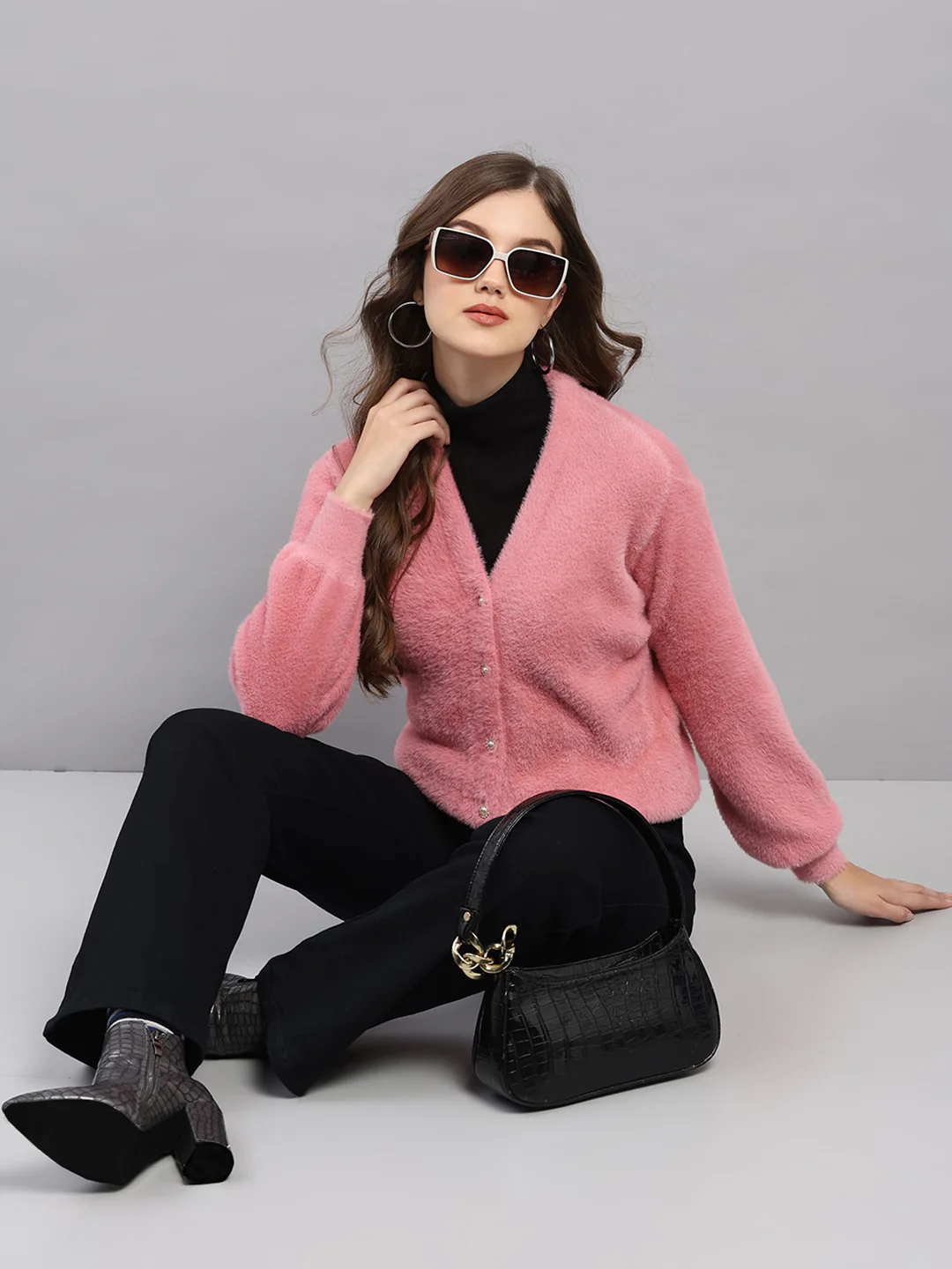 Women Pink Self Design V Neck Full Sleeve Cardigan - Image 2
