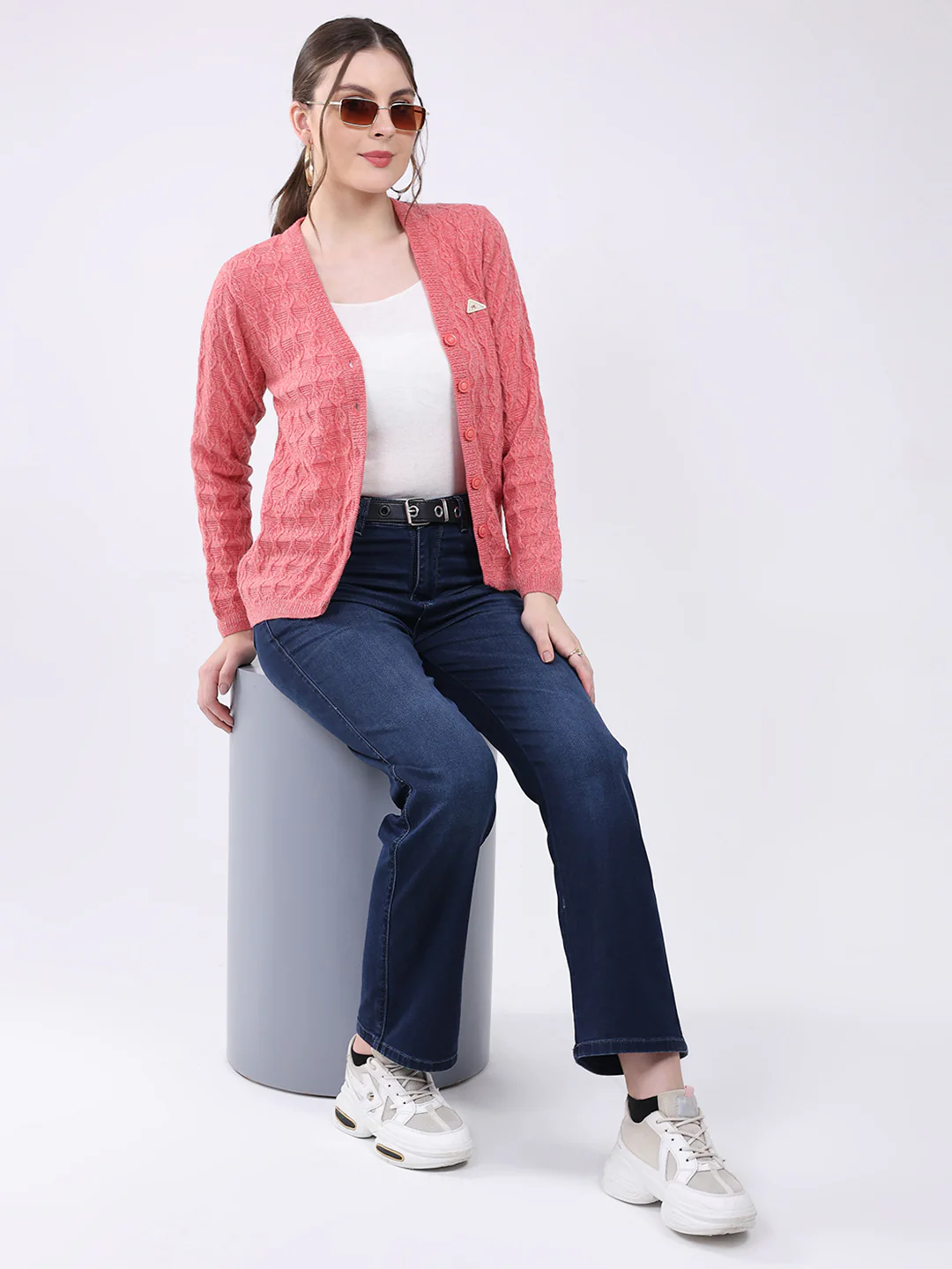 Women Pink Self Design V Neck Full Sleeve Cardigan - Image 2