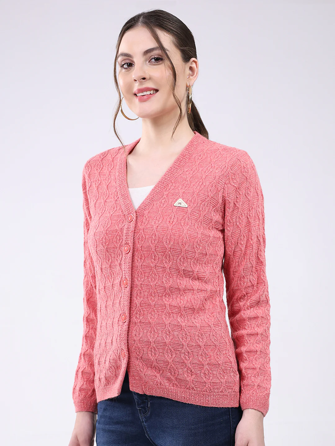 Women Pink Self Design V Neck Full Sleeve Cardigan - Image 3