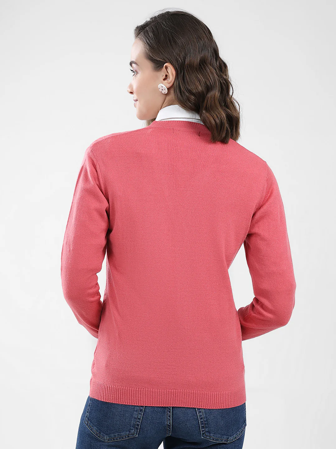 Women Pink Self Design V Neck Full Sleeve Cardigan - Image 5