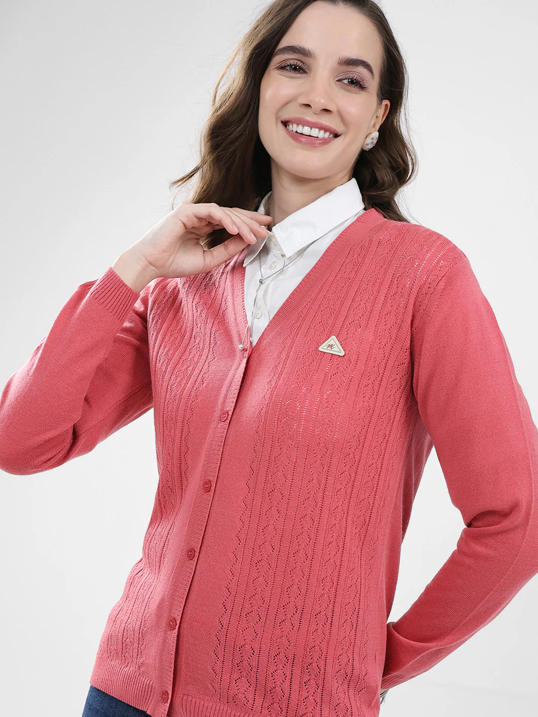 Women Pink Self Design V Neck Full Sleeve Cardigan - Image 7