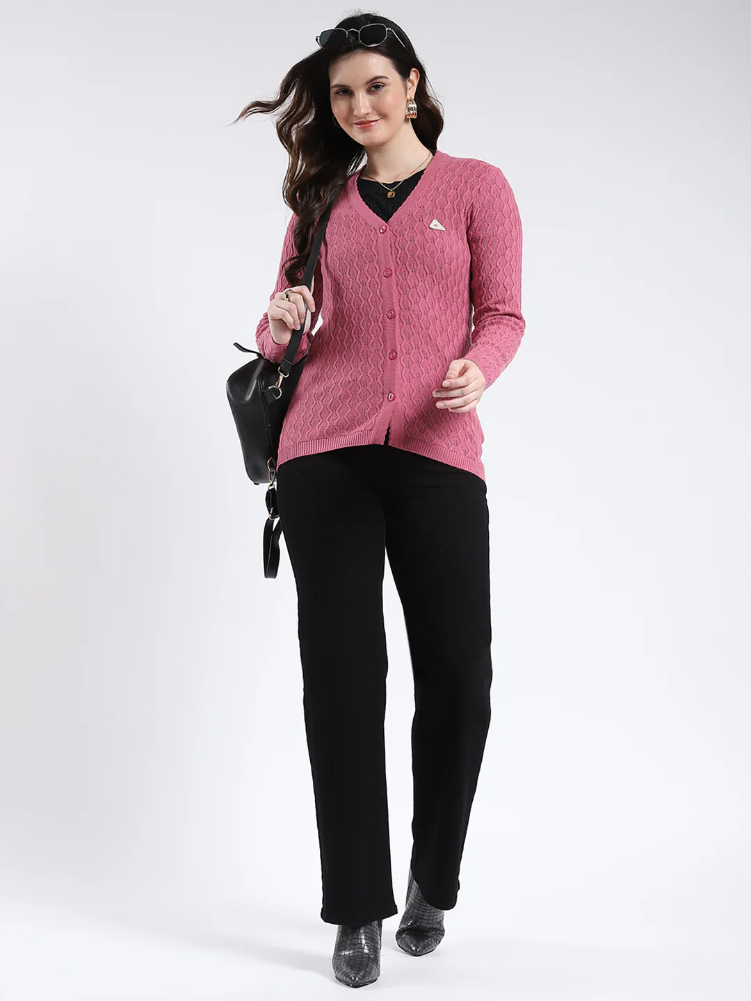 Women Pink Self Design V Neck Full Sleeve Cardigan - Image 2