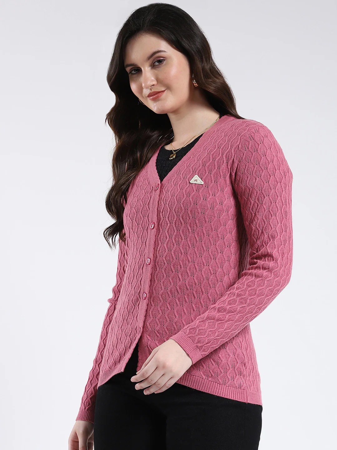 Women Pink Self Design V Neck Full Sleeve Cardigan - Image 3