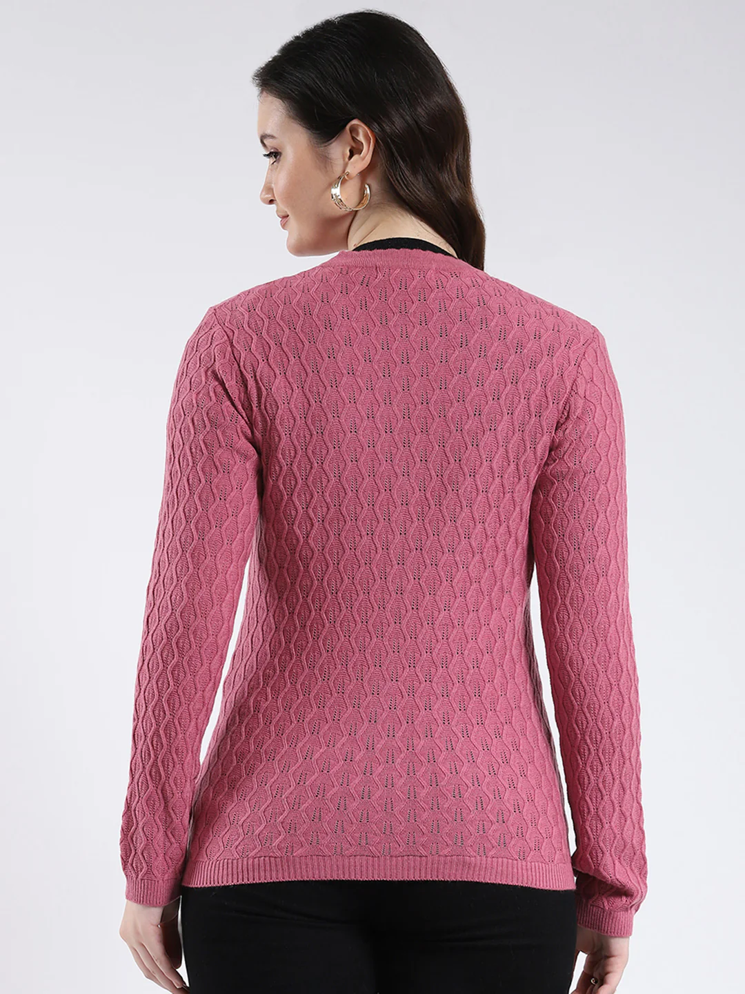 Women Pink Self Design V Neck Full Sleeve Cardigan - Image 5