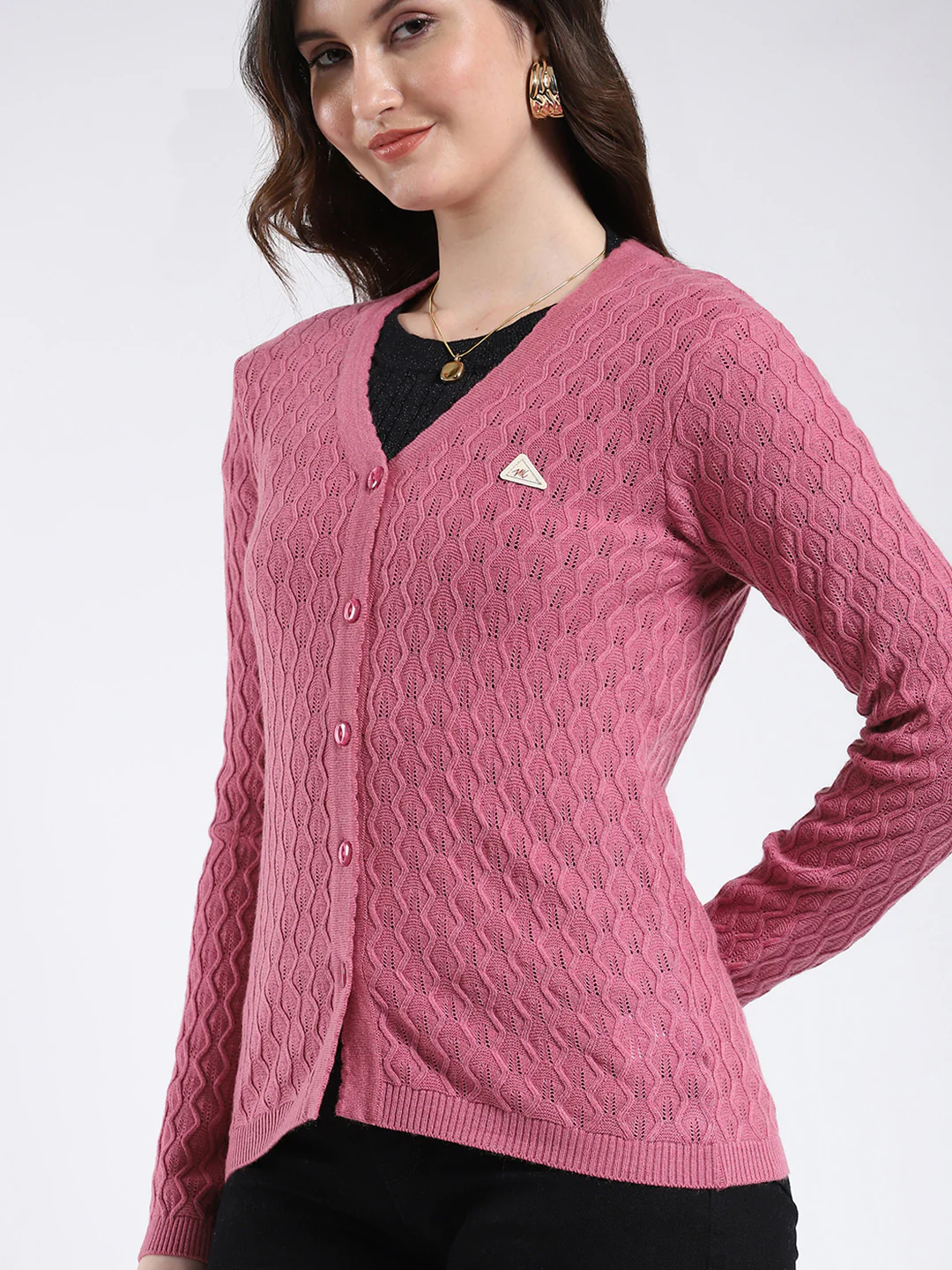 Women Pink Self Design V Neck Full Sleeve Cardigan - Image 6