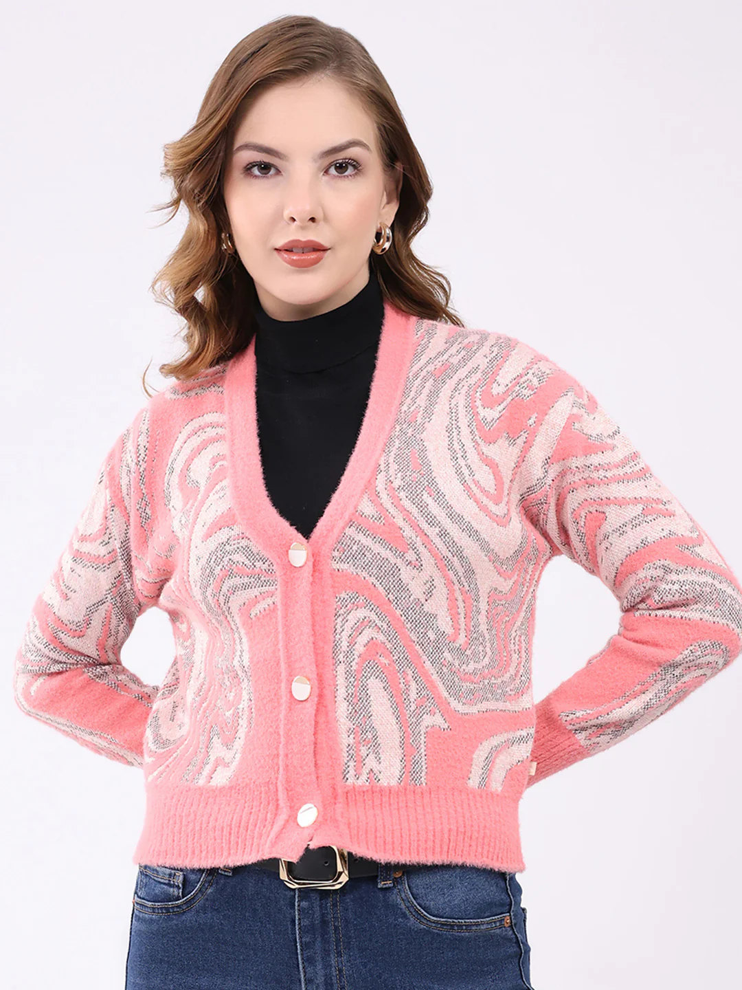 Women Pink Self Design V Neck Full Sleeve Cardigan