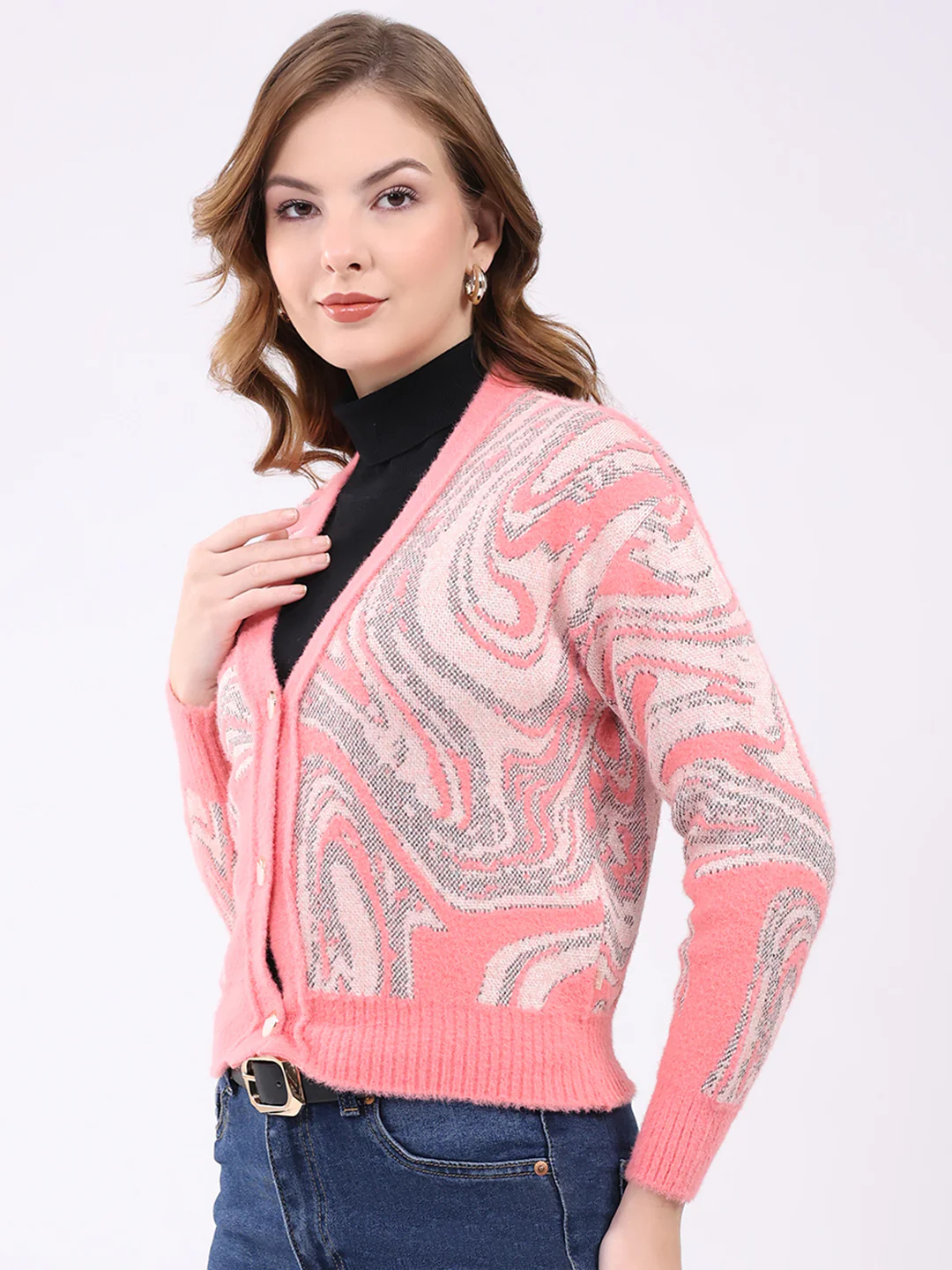 Women Pink Self Design V Neck Full Sleeve Cardigan - Image 3