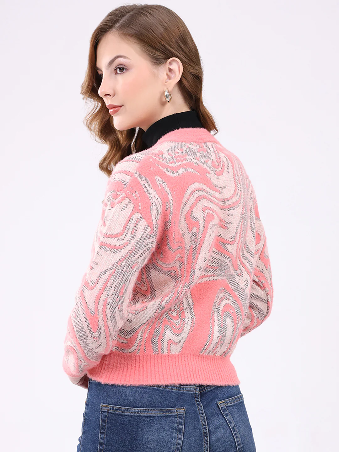 Women Pink Self Design V Neck Full Sleeve Cardigan - Image 5